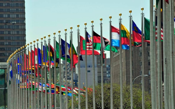 Des drapeaux autour du siège de l’ONU, à New York.