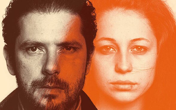 The faces of a man and a woman next to each other.