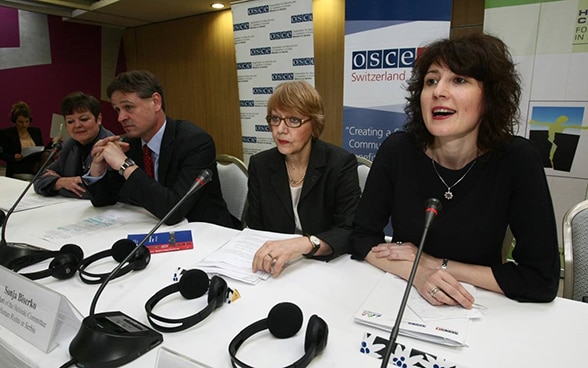 Opening ceremony of the civil society conference in Belgrade, 24.02.2014. From left to right: Paula Thiede, Deputy Head of the OSCE Mission to Serbia, Jean-Daniel Ruch, Ambassador of Switzerland to Serbia, Sonja Biserko, President of the Helsinki Committee for Human Rights in Serbia and Izabela Kisic, Executive Director of the Helsinki Committee for Human Rights in Serbia