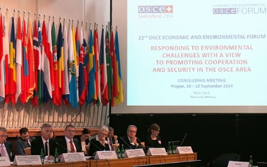 The Chairperson-in-Office of the OSCE, President of the Swiss Confederation Didier Burkhalter, giving the opening speech at the OSCE Economic and Environmental Forum in Prague