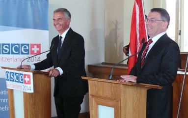The Chairperson-in-Office of the OSCE, President of the Swiss Confederation Didier Burkhalter, and the Czech Foreign Minister, Lubomír Zaorálek, at the press conference in Prague 