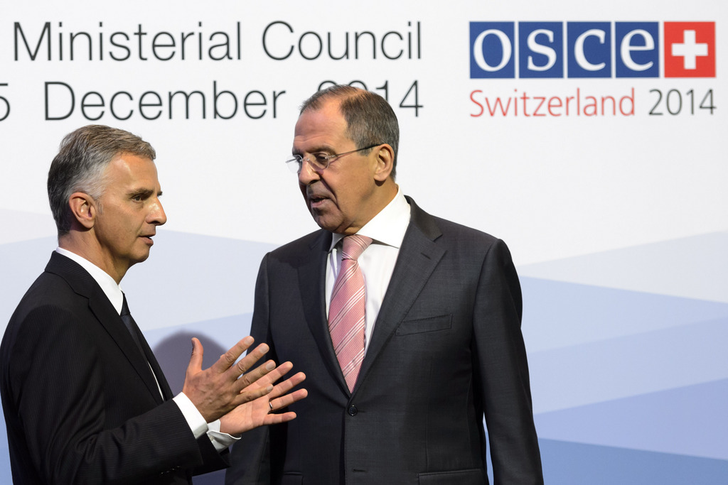 The President of the Swiss Confederation, Didier Burkhalter, greets Sergey Lavrov, Minister of Foreign Affairs at the OSCE Ministerial Council 2014 in Basel