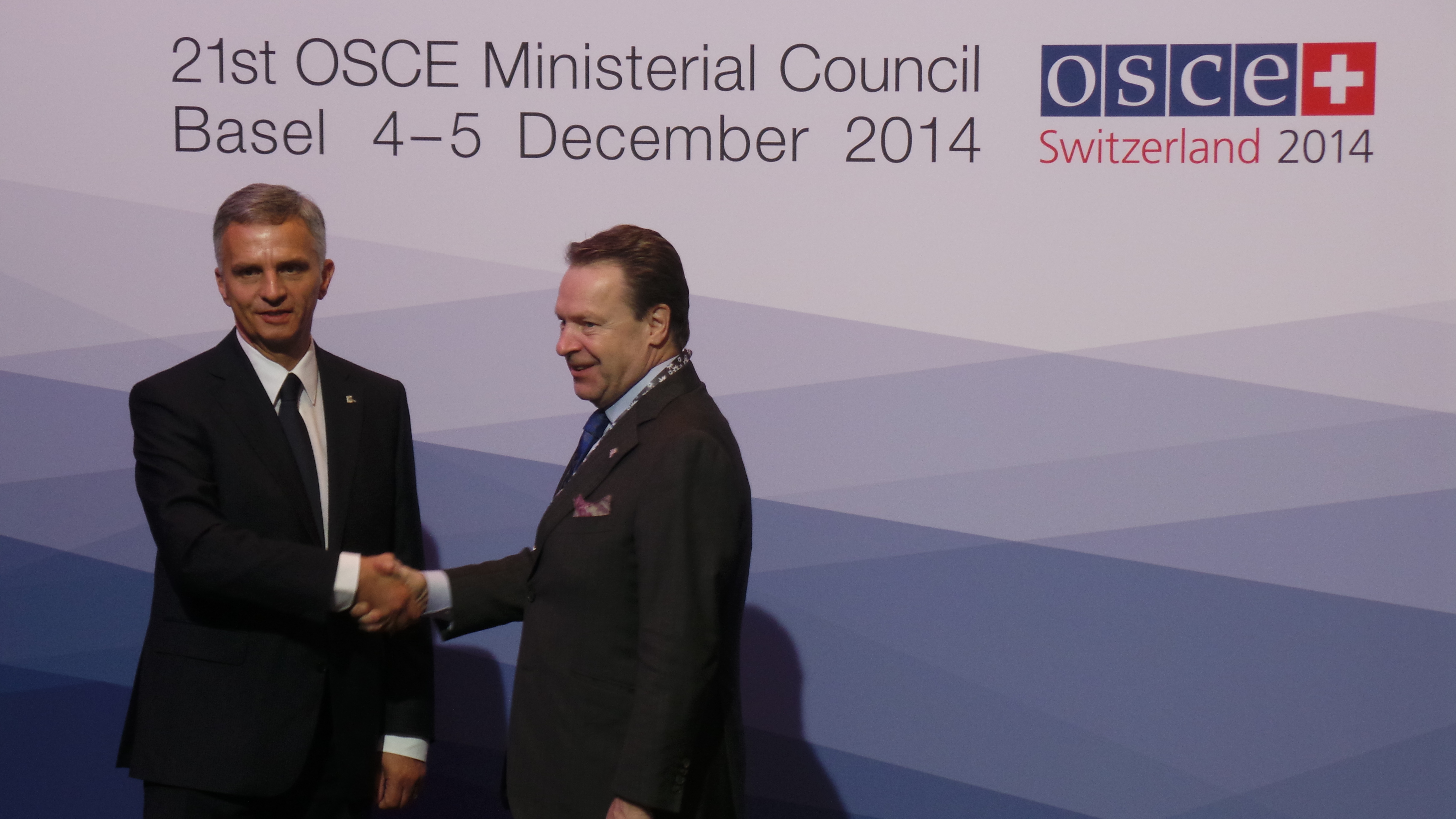 The President of the Swiss Confederation, Didier Burkhalter, greets Ilkka Kanerva, President Parliamentary Assembly at the OSCE Ministerial Council 2014 in Basel