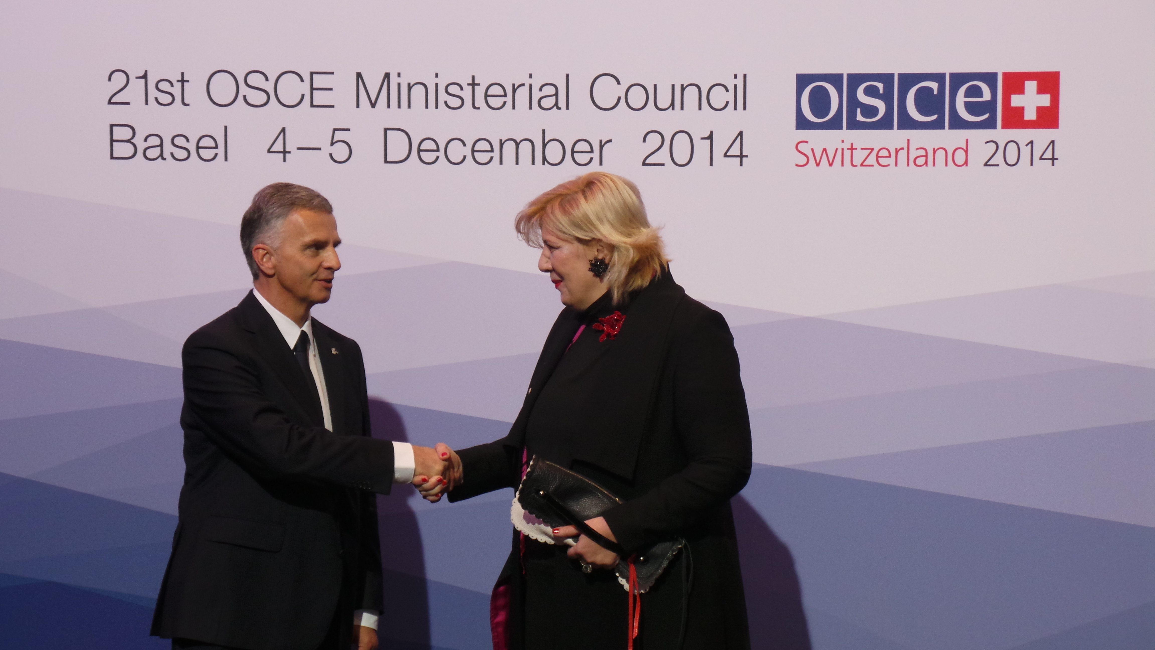 The President of the Swiss Confederation, Didier Burkhalter, greets Duja Mijatovic, Representative on Freedom of the Media at the OSCE Ministerial Council 2014 in Basel