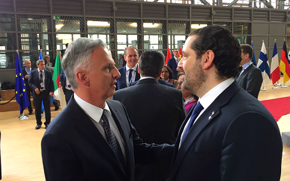 Bundesrat Burkhalter trifft während der Syrien-Konferenz den libanesischen Premierminister Saad Hariri.
