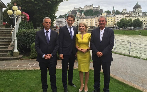 Federal Councillor Didier Burkhalter with the foreign ministers of Austria, Liechtenstein and Luxembourg, Sebastian Kurz, Aurelia Frick, and Jean Asselborn, at their meeting in Salzburg. © FDFA