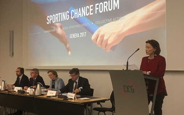 State Secretary Pascale Baeriswyl speaks at the Sporting Chance Forum 2017 in Geneva. 