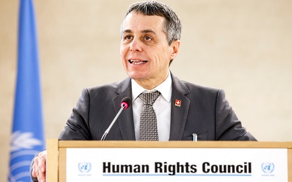 Ignazio Cassis durante il suo intervento all' apertura del Consiglio dei diritti umani delle Nazioni Unite.