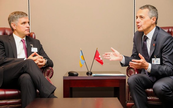 Le conseiller fédéral Ignazio Cassis lors d’un entretien avec le ministre des affaires étrangères ukrainien Vadym Prystaiko.