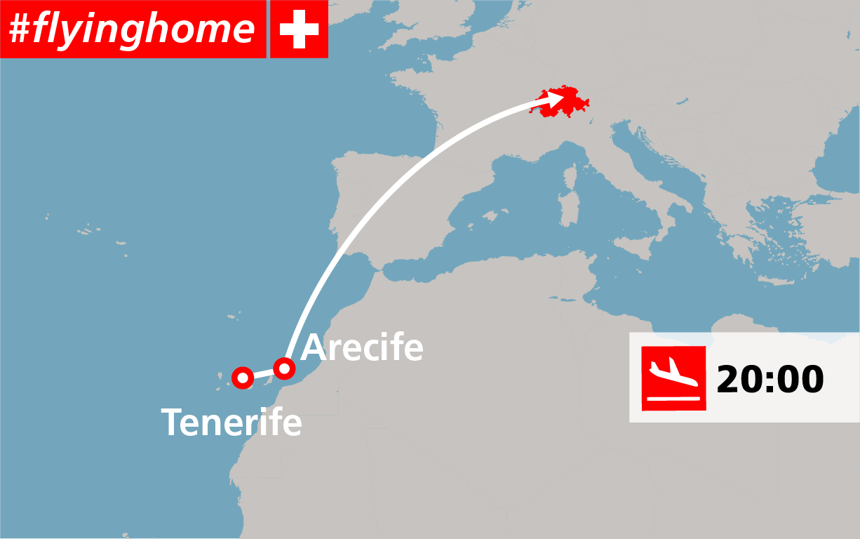 Map of the flight route Tenerife, Arecife, Switzerland