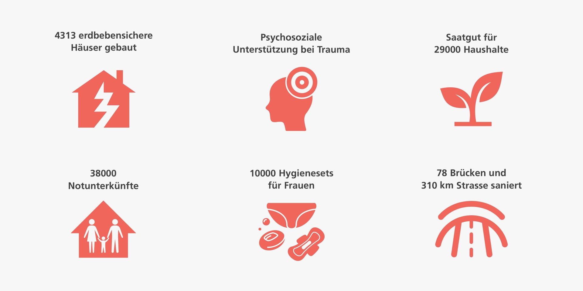 Infografik die mit Icons illustriert ist und auf welcher geschrieben steht: Risikoprävention durch erdbebensicheres Bauen; Psychosoziale Unterstützung bei Trauma; Saatgut für 29'000 Haushalte; 30'000 Notunterkünfte