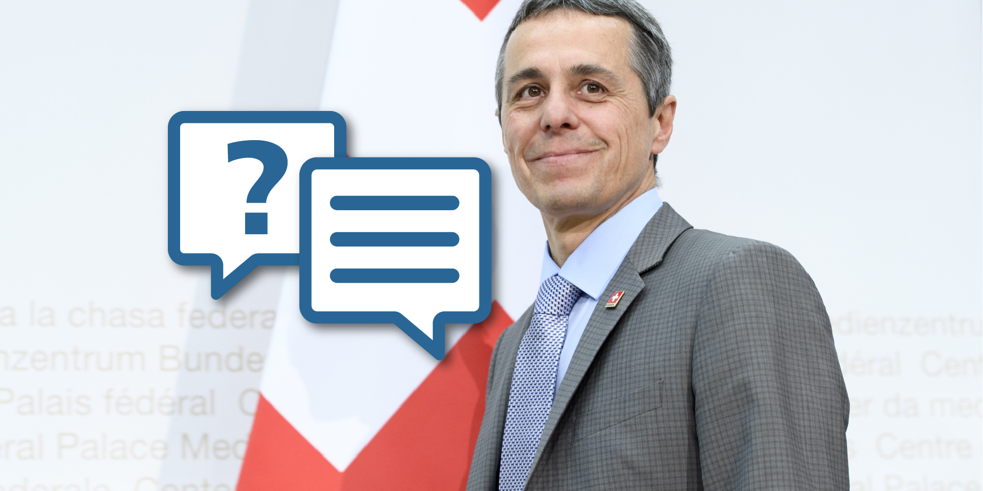 Ein Porträt-Bild von Bundesrat Cassis mit einem grafischen Motiv, das auf ein Interview hinweist