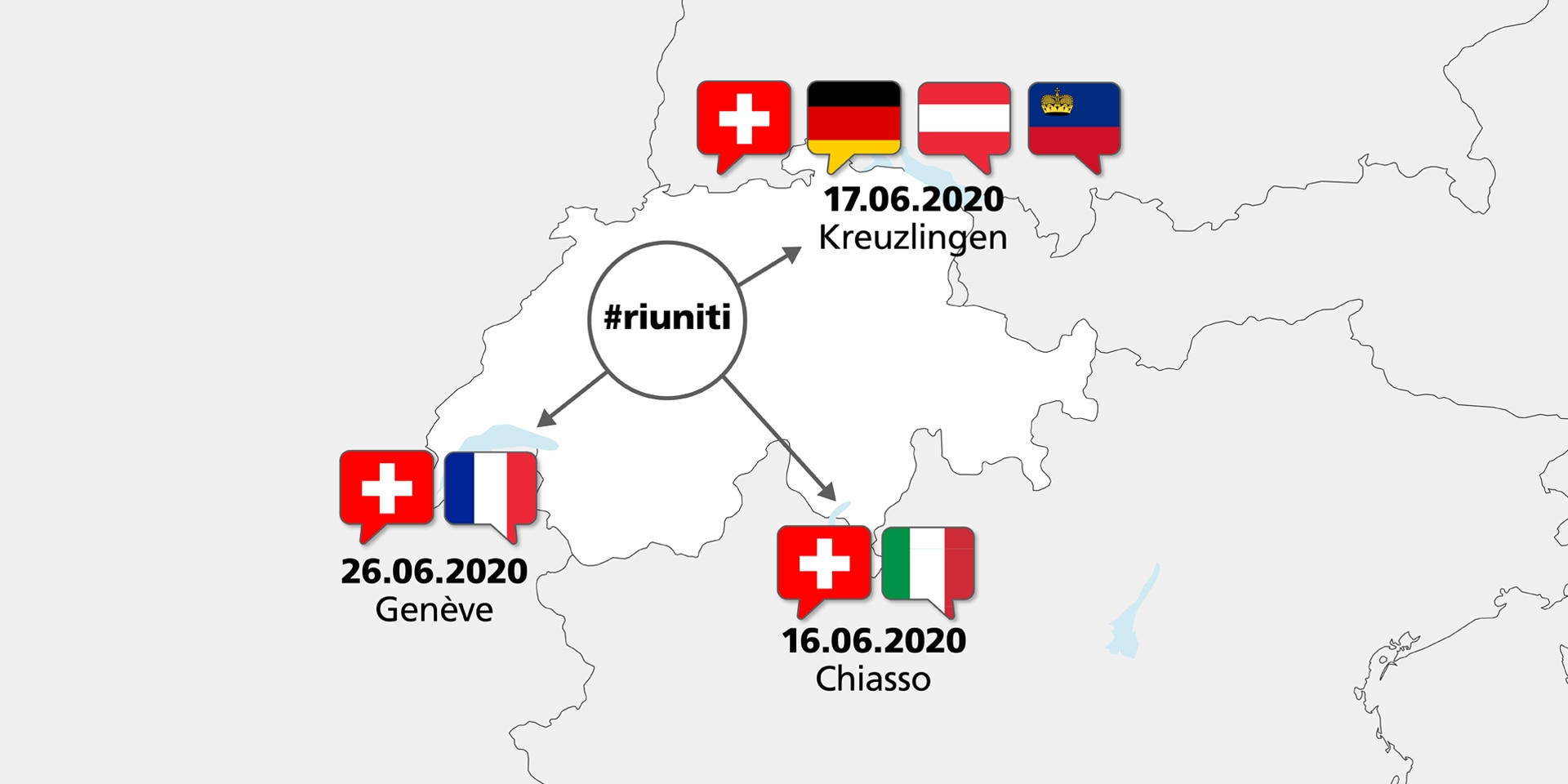 Mappa della Svizzera che indica dove e chi incontrerà il consigliere federale Cassis. A Chiasso vedrà il ministro degli esteri italiano, a Kreuzlingen rappresentanti di Austria, Germania e Liechtenstein e a Ginevra un rappresentante francese.