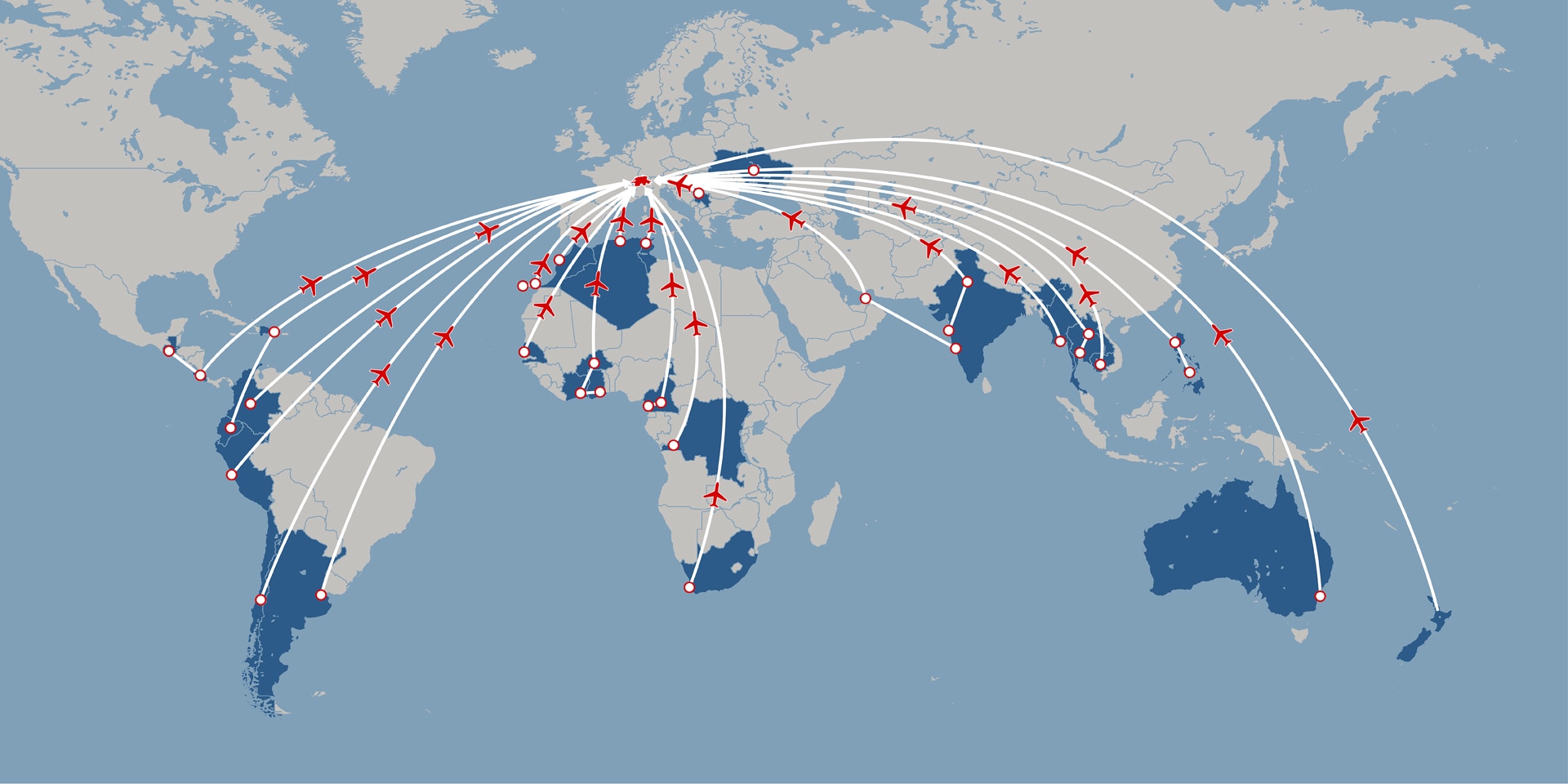 Map of the world showing the destinations of repatriation flights.