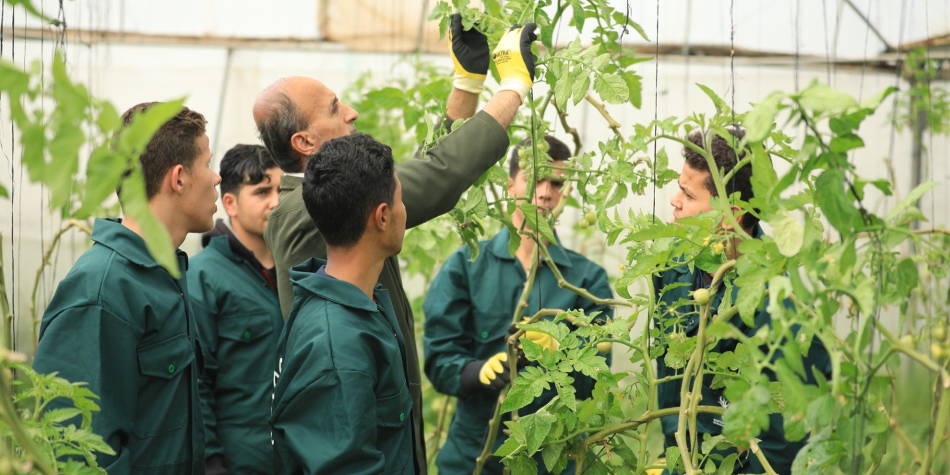 Un professeur décrit une plante à des jeunes dans une école d'agriculture. 