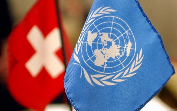 The Swiss and UN flags.
