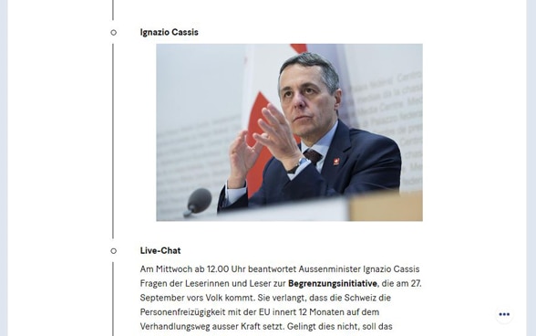 Ein Auszug aus dem Intranet zeigt den Livechat von 20Minuten mit einem Bild von Bundesrat Cassis.