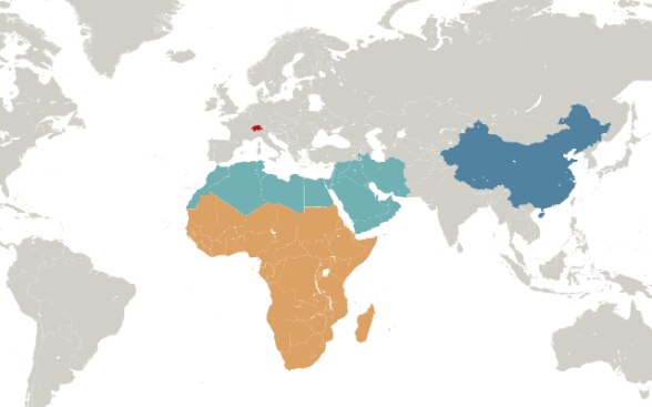 Map of the world with the Middle East and North Africa, Sub-Saharan Africa and China regions in colour.