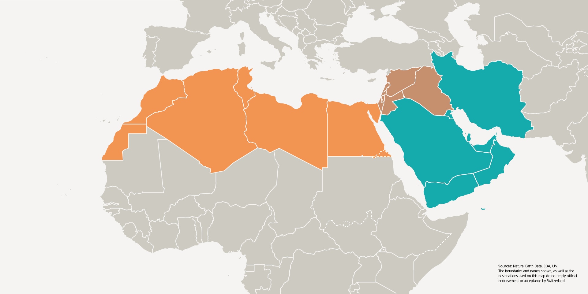 A graphic shows the three sub-regions: North Africa, Near East and the Arabian Peninsula and Iran