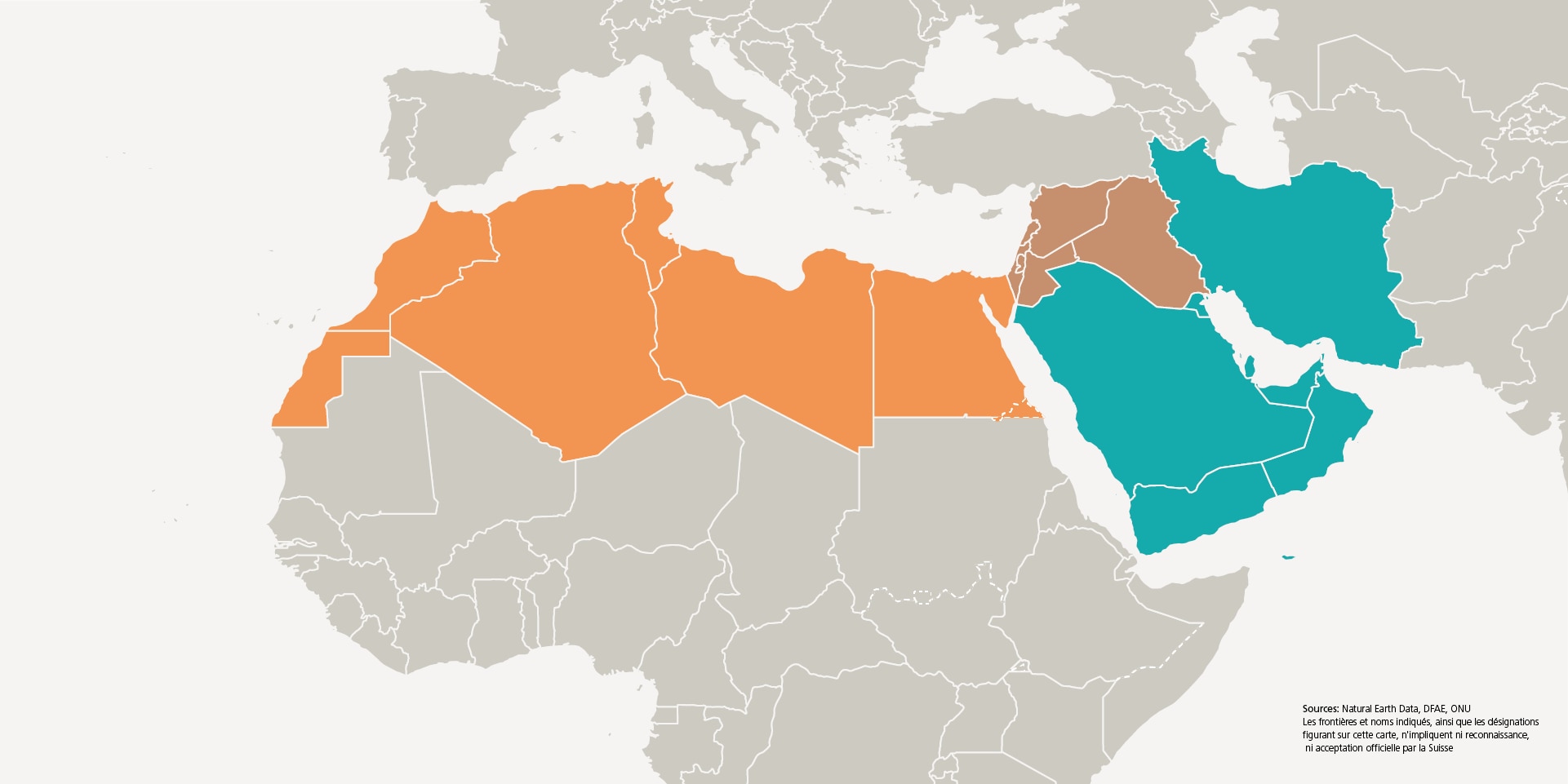 Un graphique montrant les trois sous-régions Afrique du Nord, Proche-Orient, Péninsule arabique et Iran.