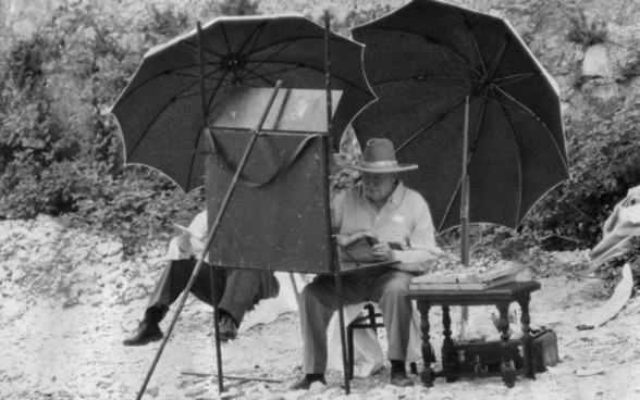 Black and white photograph of Winston Churchill on the Italian Riviera around 1948.