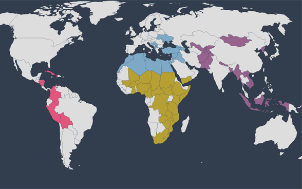 Mappa del mondo con i paesi e le regioni prioritari della Svizzera per la cooperazione internazionale.