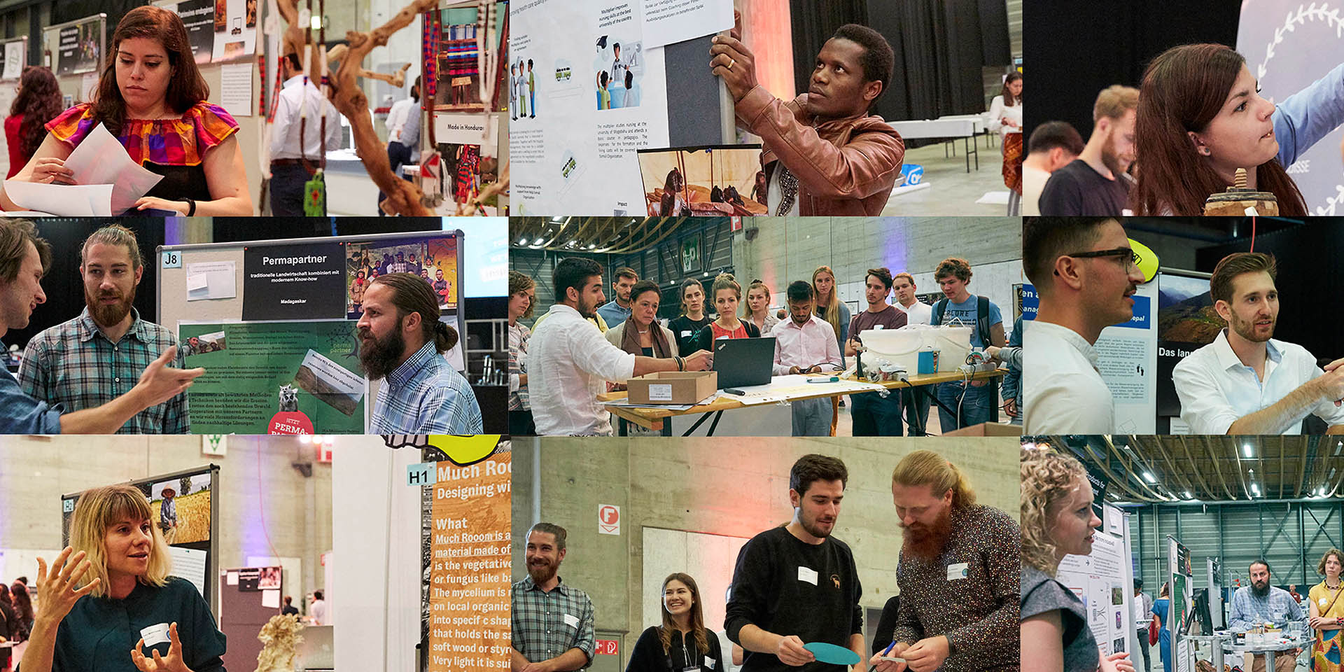 A collage of nine images shows motivated young people – alone and in groups – who are presenting their projects and engaged in conversation.