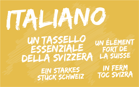 Il motto “Italiano: un tassello essenziale della Svizzera” tradotto nelle quattro lingue nazionali. Sullo sfondo una cartina della Svizzera.