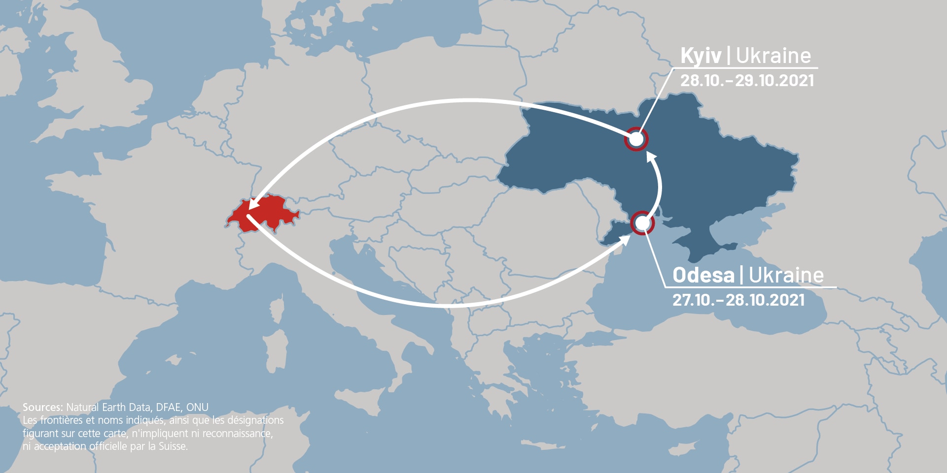 Carte illustrant les étapes du voyage du conseiller fédéral Cassis en Ukraine, à Odessa et à Kyiv.