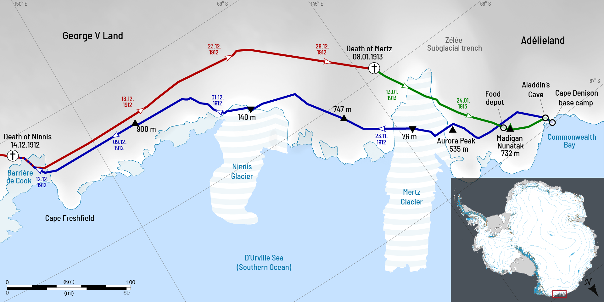 Map of the route in east Antarctica.