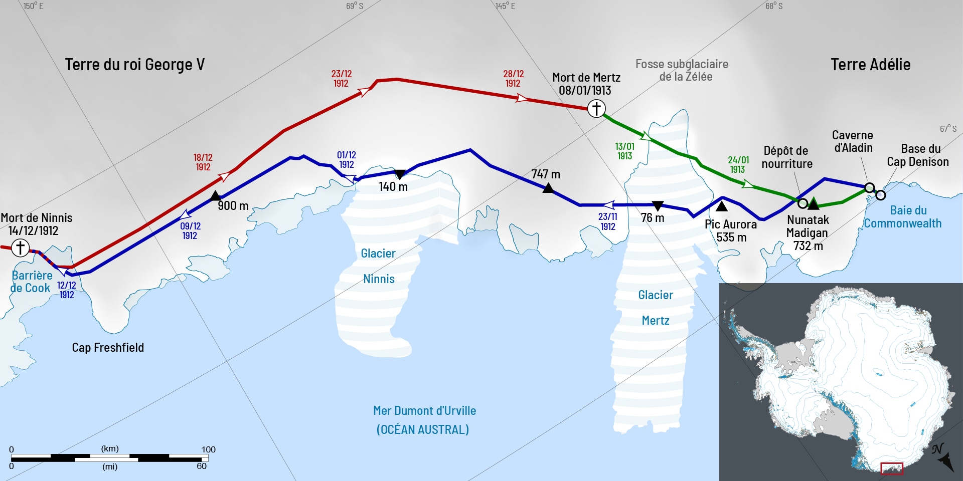 Tracé de la route à travers l'Antarctique oriental.