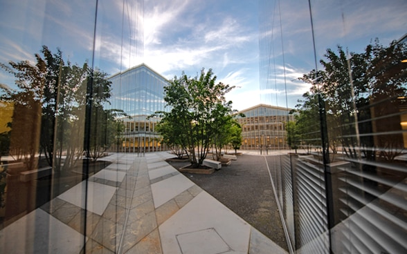 Vue sur deux façades de verre du Bâtiment H avec un arbre au milieu.