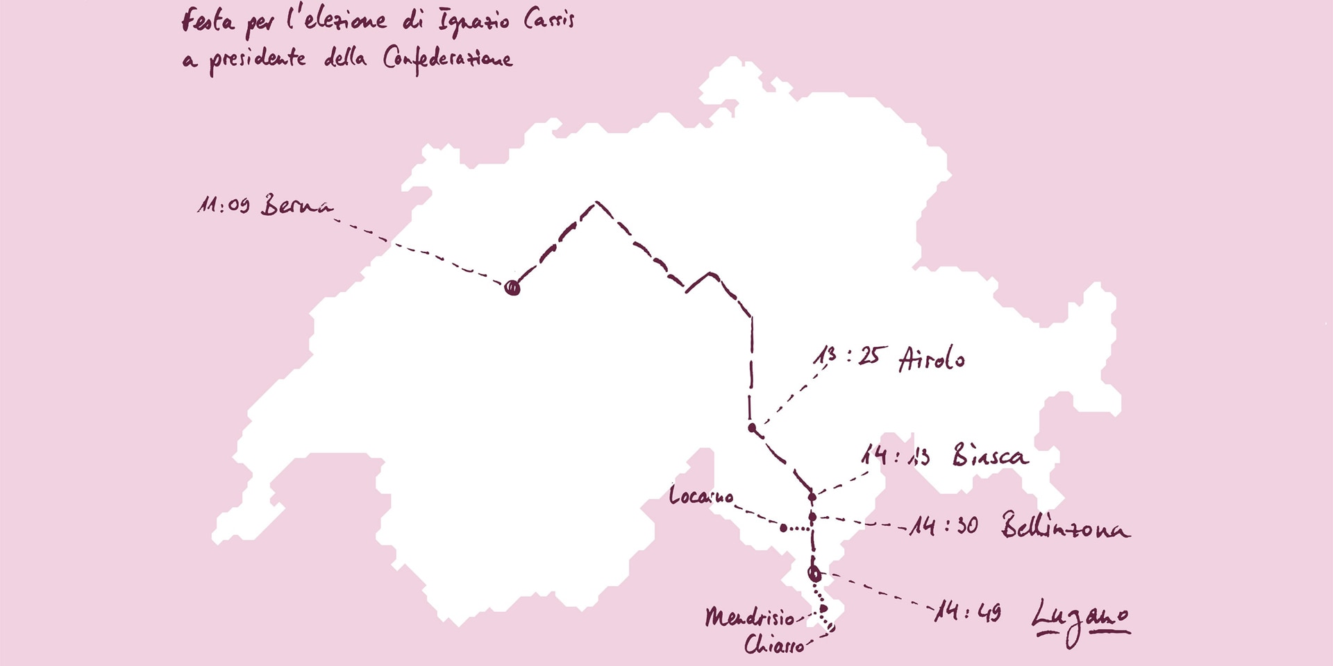 Su una cartina della Svizzera è segnato il percorso del viaggio del presidente Cassis come anche i comuni che parteciperanno ai festeggiamenti. 