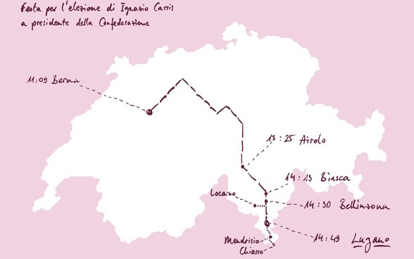 Su una cartina della Svizzera è segnato il percorso del viaggio del presidente Cassis come anche i comuni che parteciperanno ai festeggiamenti. 