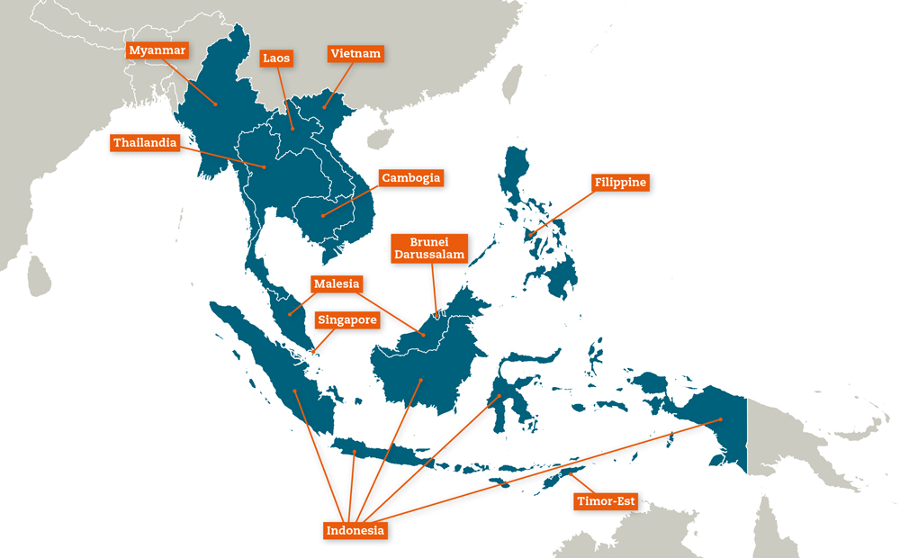 Mappa con gli undici Paesi che compongono il Sud-Est asiatico: Myanmar, Thailandia, Laos, Vietnam, Cambogia, Malesia, Singapore, Indonesia, Brunei Darussalam, Filippine e Timor Leste.