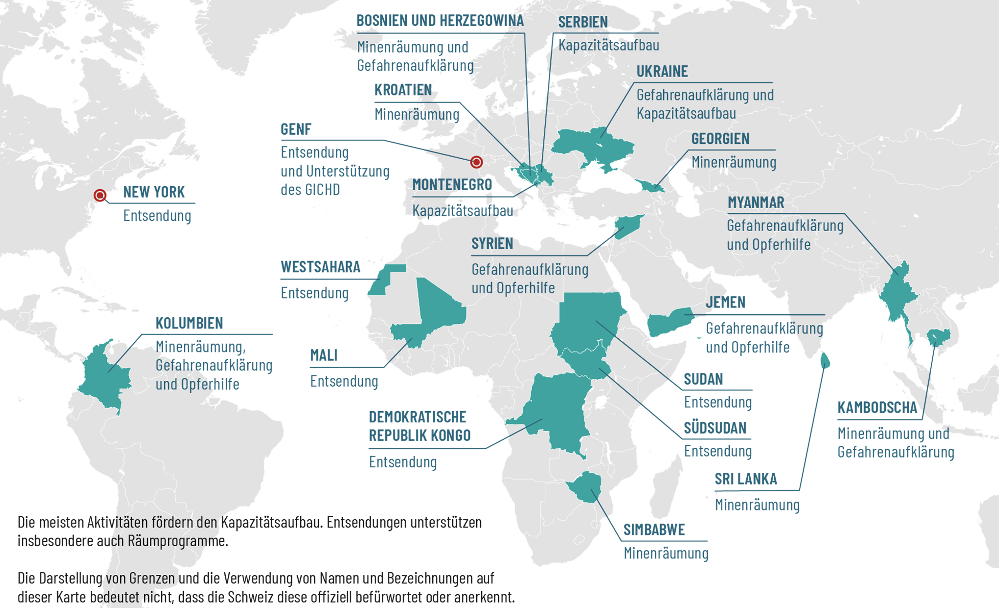Weltkarte mit eingezeichneten Ländern, wo die Schweiz in der humanitären Minenräumung aktiv ist.