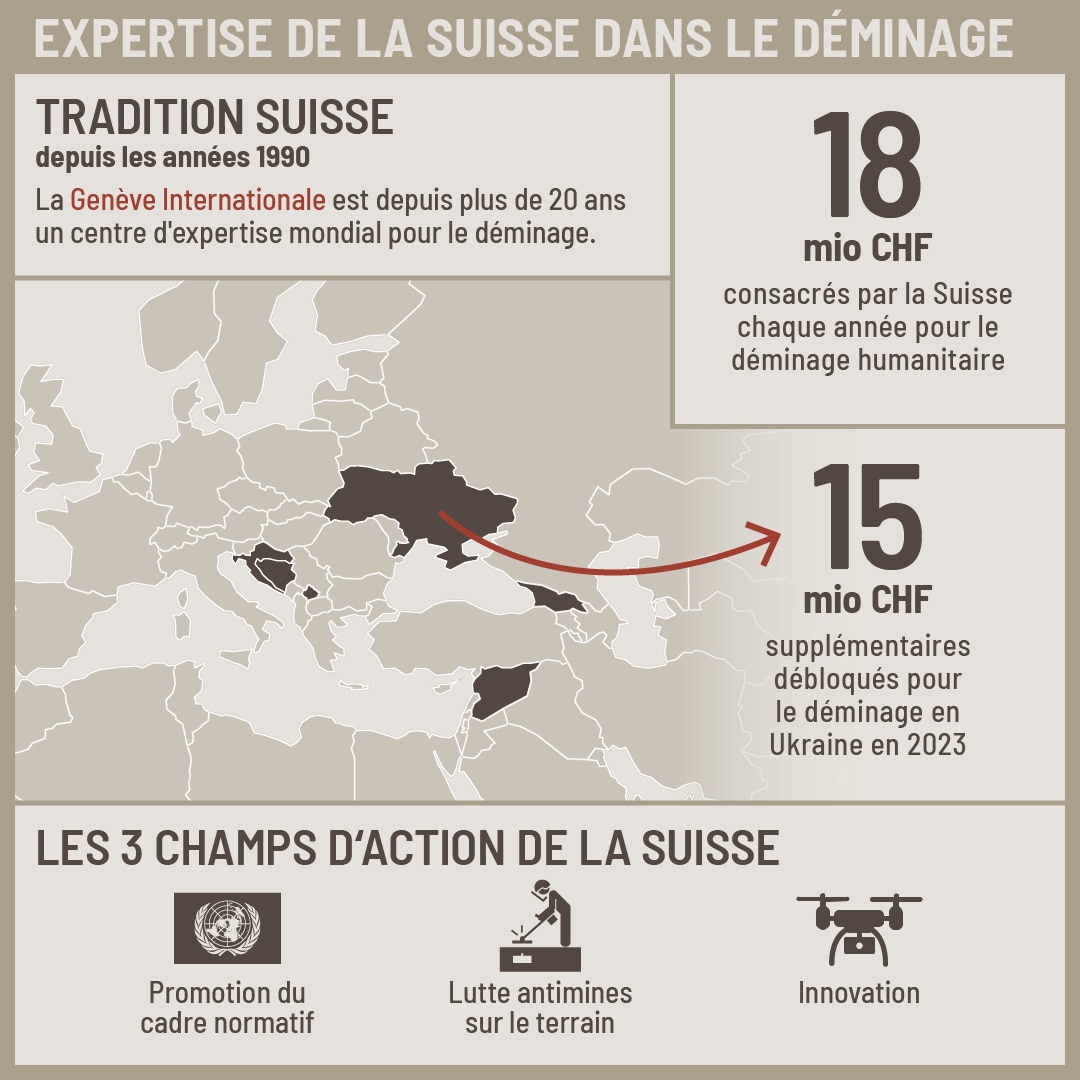 Infographie contenant des chiffres et des faits sur l’expertise suisse dans le déminage. 