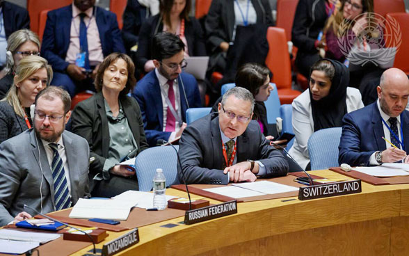 Thomas Gürber parla durante una riunione del Consiglio di sicurezza delle Nazioni Unite.