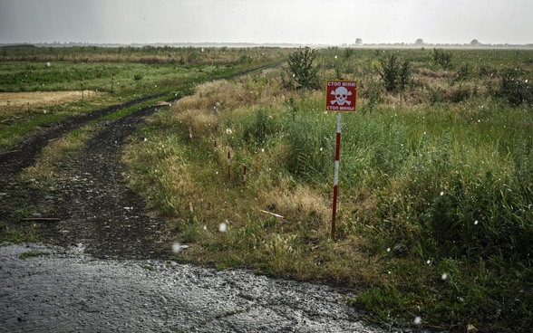 Un panneau met en garde contre un champ parsemé de mines en Ukraine.