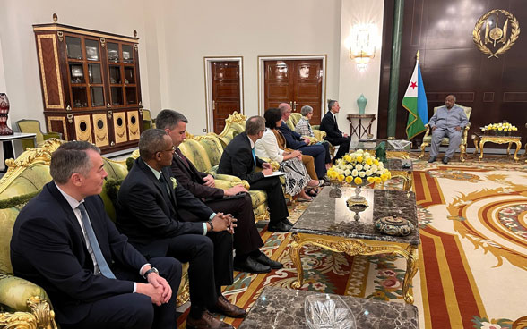 Nine people, including Ignazio Cassis and Ismaïl Omar Guelleh, are sitting in armchairs.