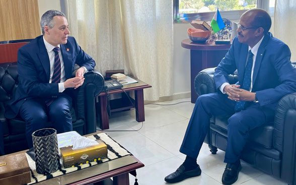 Ignazio Cassis and Mahamoud Ali Youssouf are seated in black armchairs.