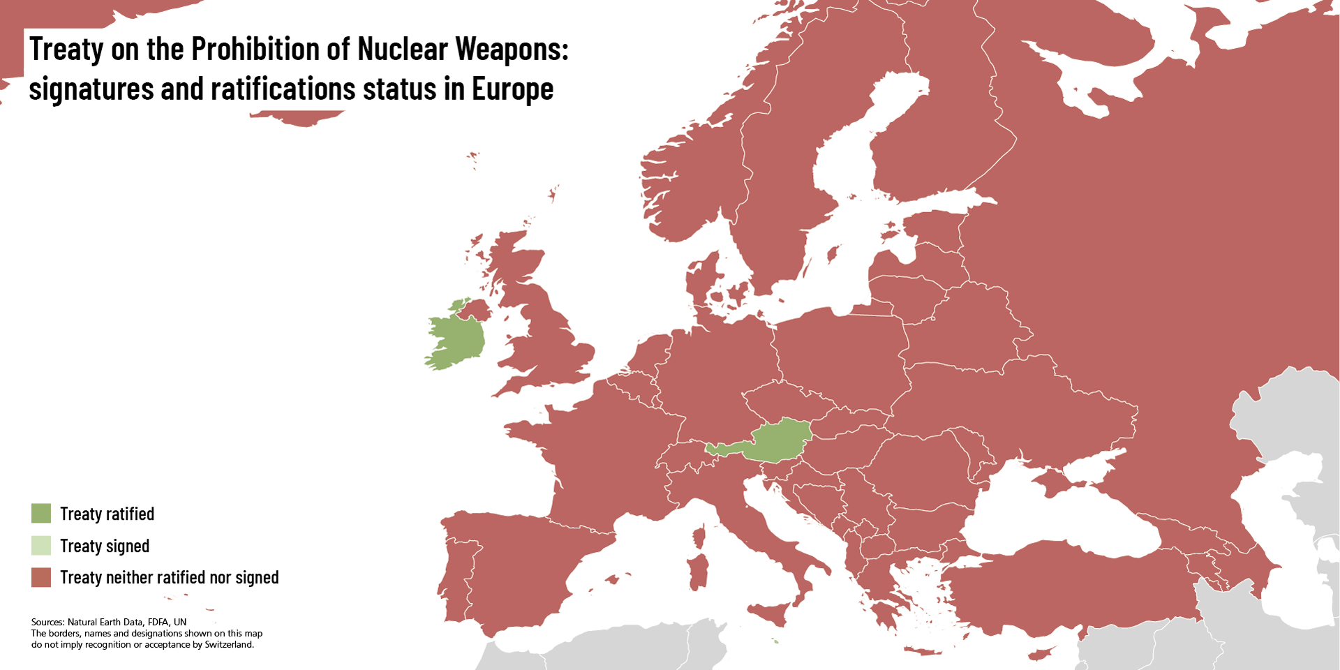 Map of Europe, in which all countries are marked in red except Austria, Liechtenstein and Ireland, which are marked in green. The latter have joined the TPNW.