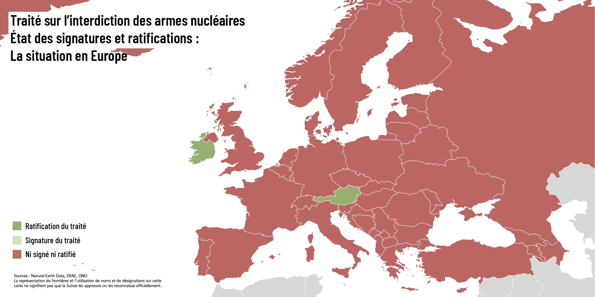 Carte de l'Europe, sur laquelle tous les pays sont marqués en rouge, à l'exception de l'Autriche,  du Liechtenstein et de l'Irlande, qui sont marqués en vert. Ces derniers ont adhéré au TIAN.