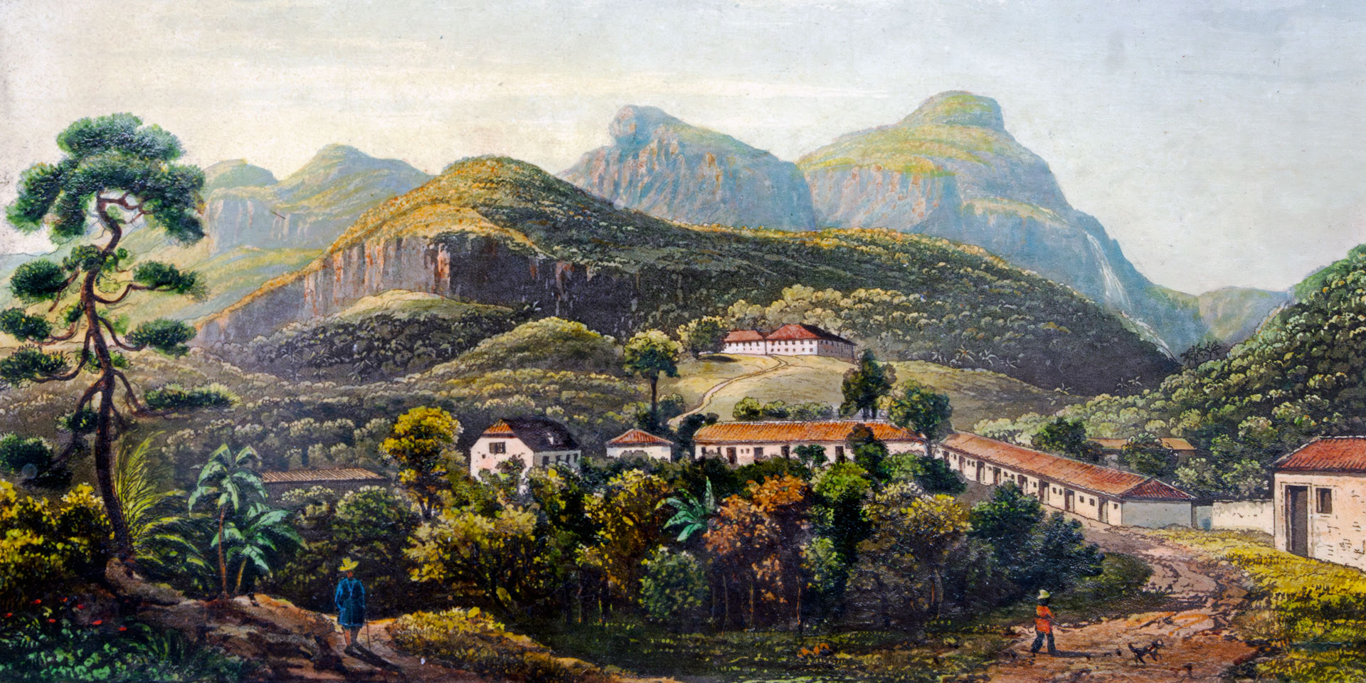 Gemälde, das eine Berglandschaft in Brasilien mit Häusern im Vordergrund darstellt.
