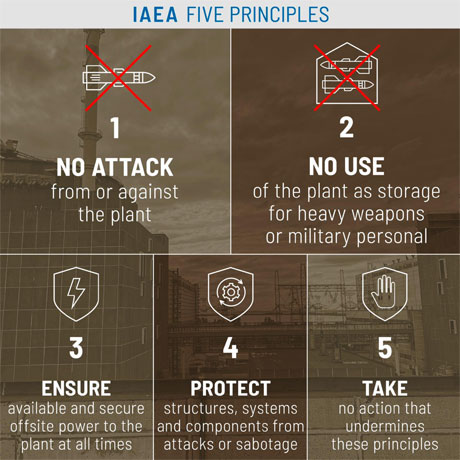 Infographic with the IAEA's five principles for the protection of the Zaporizhzhya nuclear power plant.