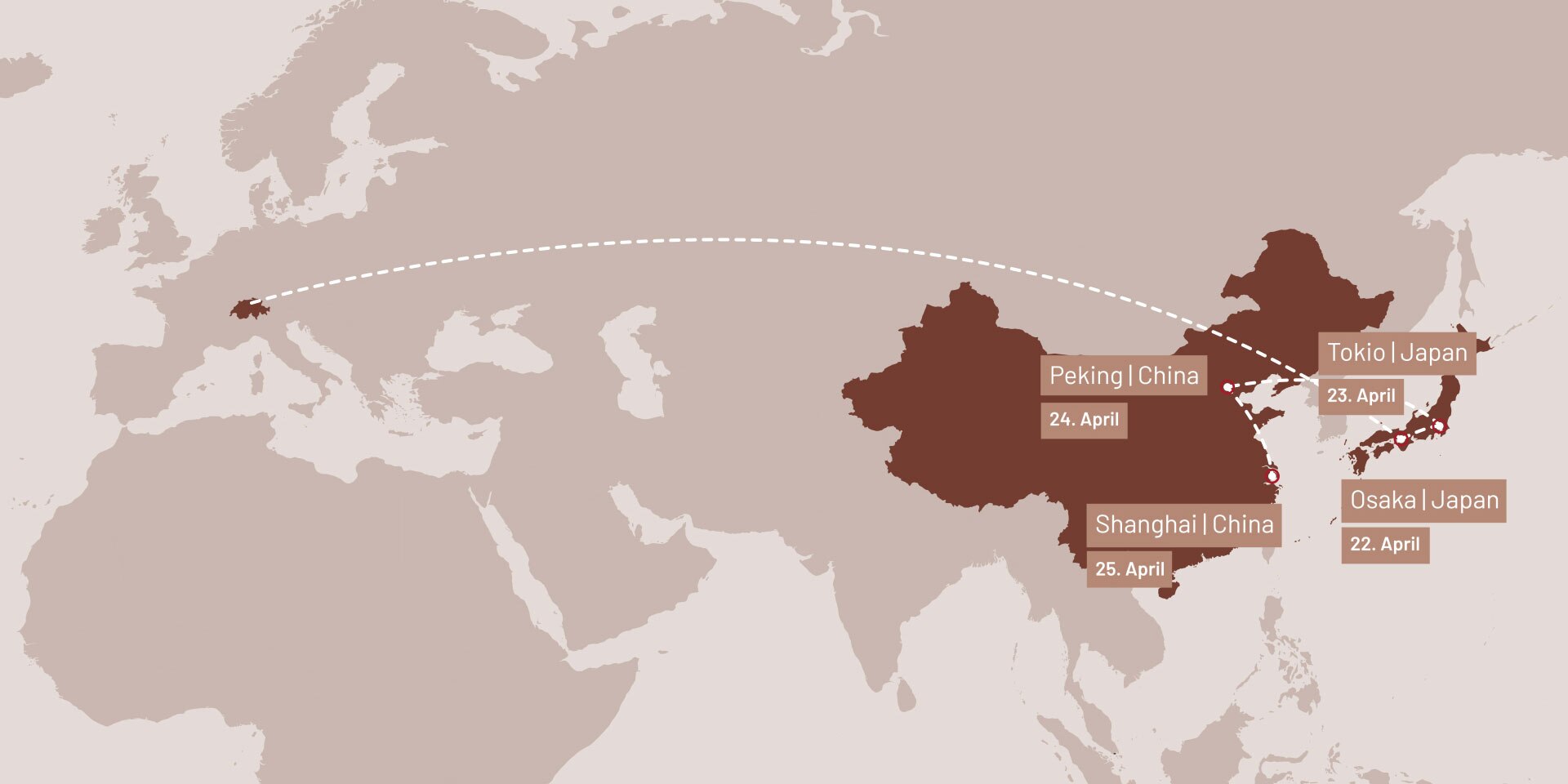 Das Bild zeigt eine Karte, auf der die verschiedenen Zwischenhalte von Bundesrat Cassis zu sehen ist: Osaka, Tokyo, Beijing und Shanghai.