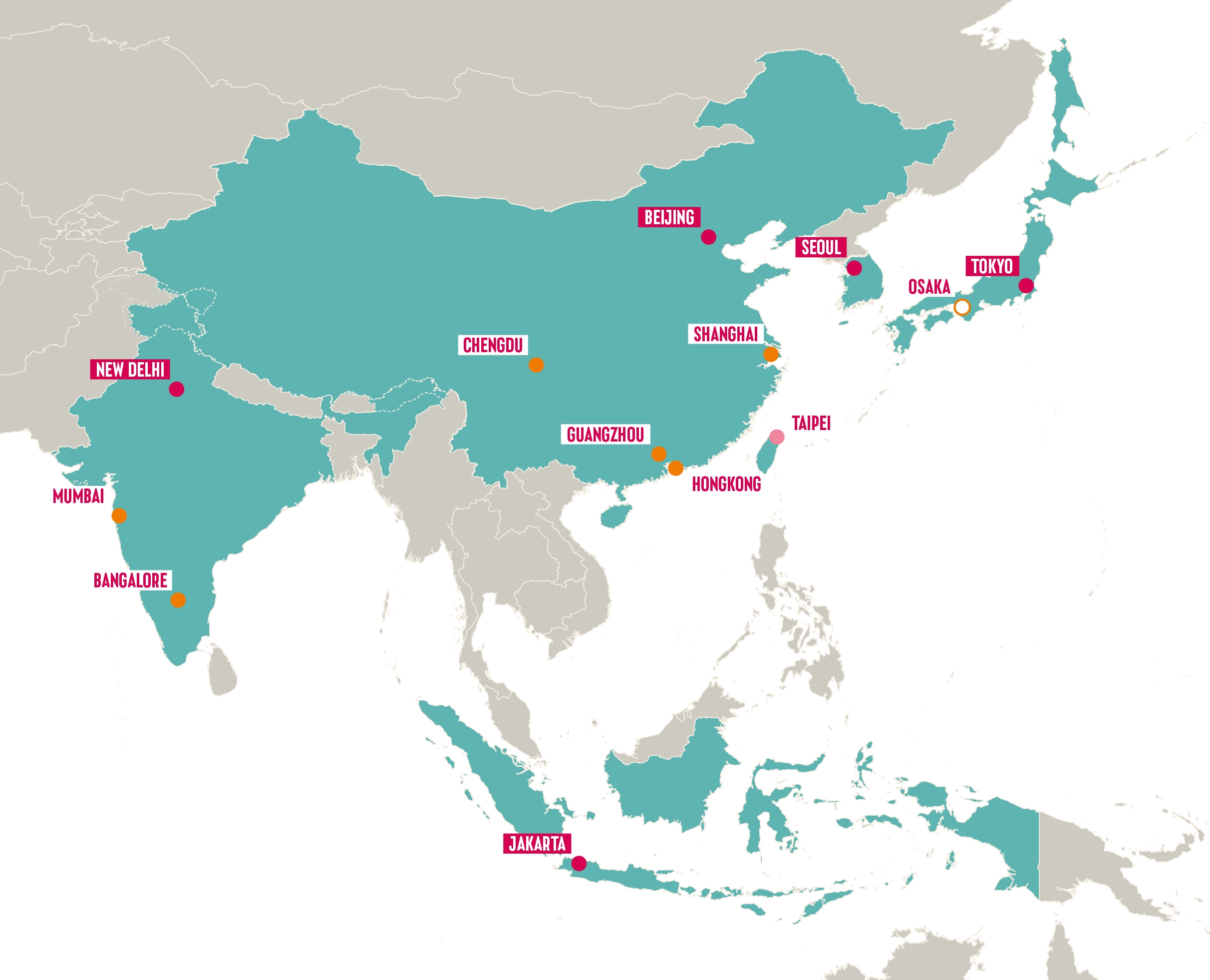 Die Grafik zeigt die Karte der Region mit den fünf G20-Ländern Asiens: China, Indien, Indonesien, Japan und Südkorea. 