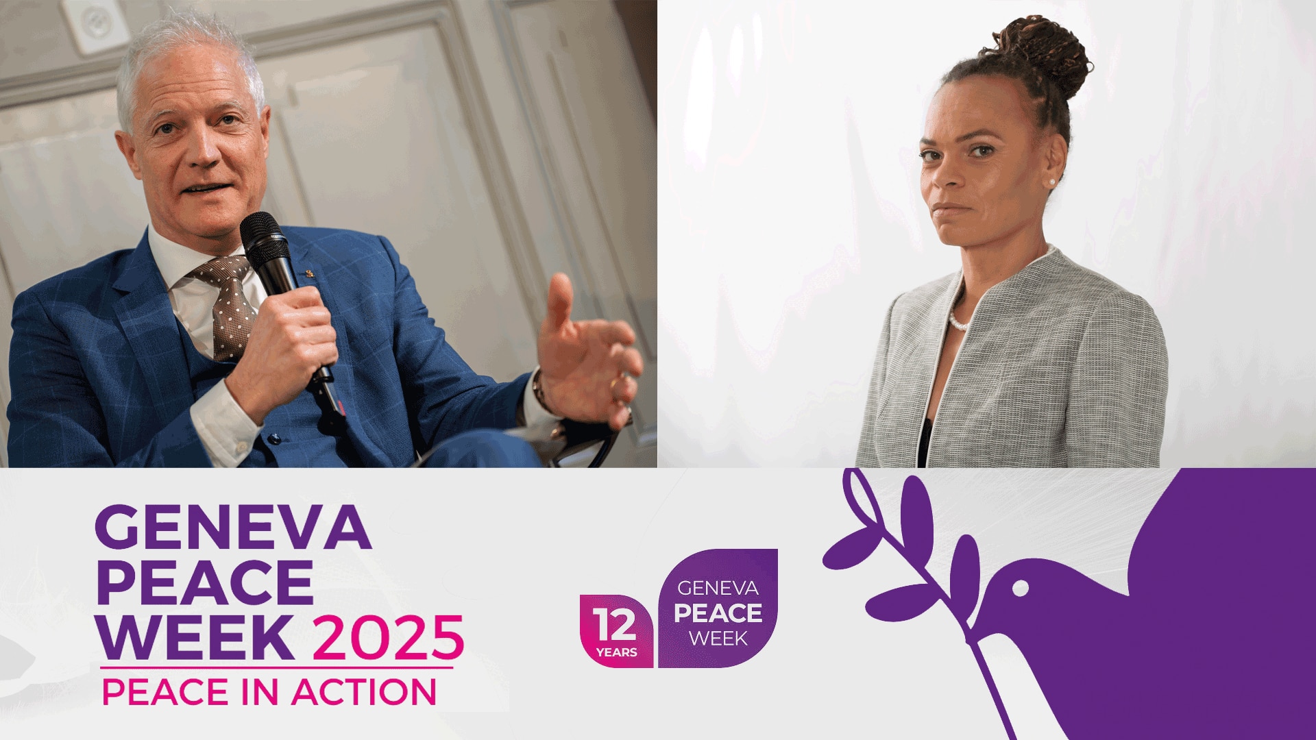 Das Bild zeigt die offiziellen Banner der Geneva Peace Week mit dem Motto «Peace in Action» sowie Portätfotos von Patricia Danzi und Tim Enderlin.