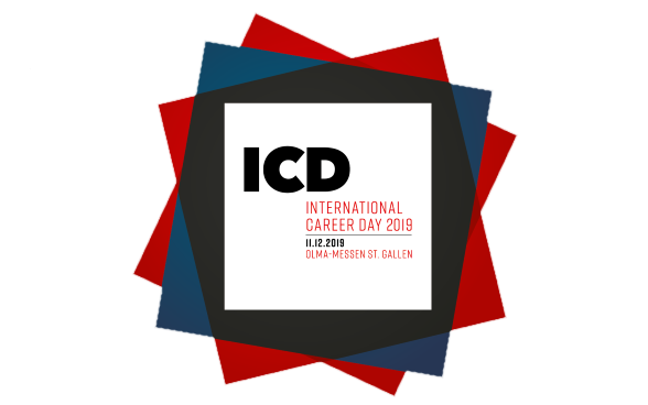 Das Logo des International Career Day 2019 eingebettet in rote und blaue Farbflächen.