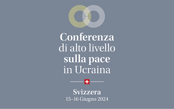 Immagine raffigurante un cerchio blu e uno giallo che si intersecano. Completata da una croce svizzera – vi si trovano le indicazioni "Conferenza di alto livello sulla pace in Ucraina" e la data "15-16 Giugno 2024".